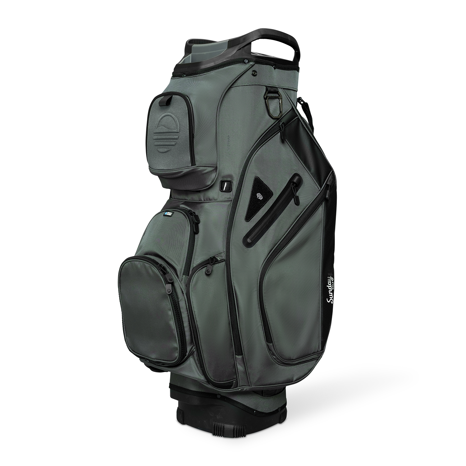 Front shot of Big Rig golf bag in midnight green showing the pockets and some of its features