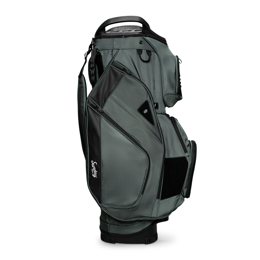 Side shot of Big Rig golf bag in midnight green showing the glove holder, easy access pockets and other features of the bag