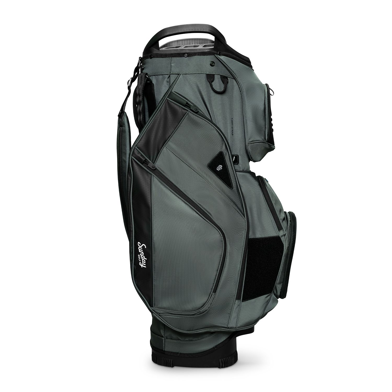 Side shot of Big Rig golf bag in midnight green showing the glove holder, easy access pockets and other features of the bag