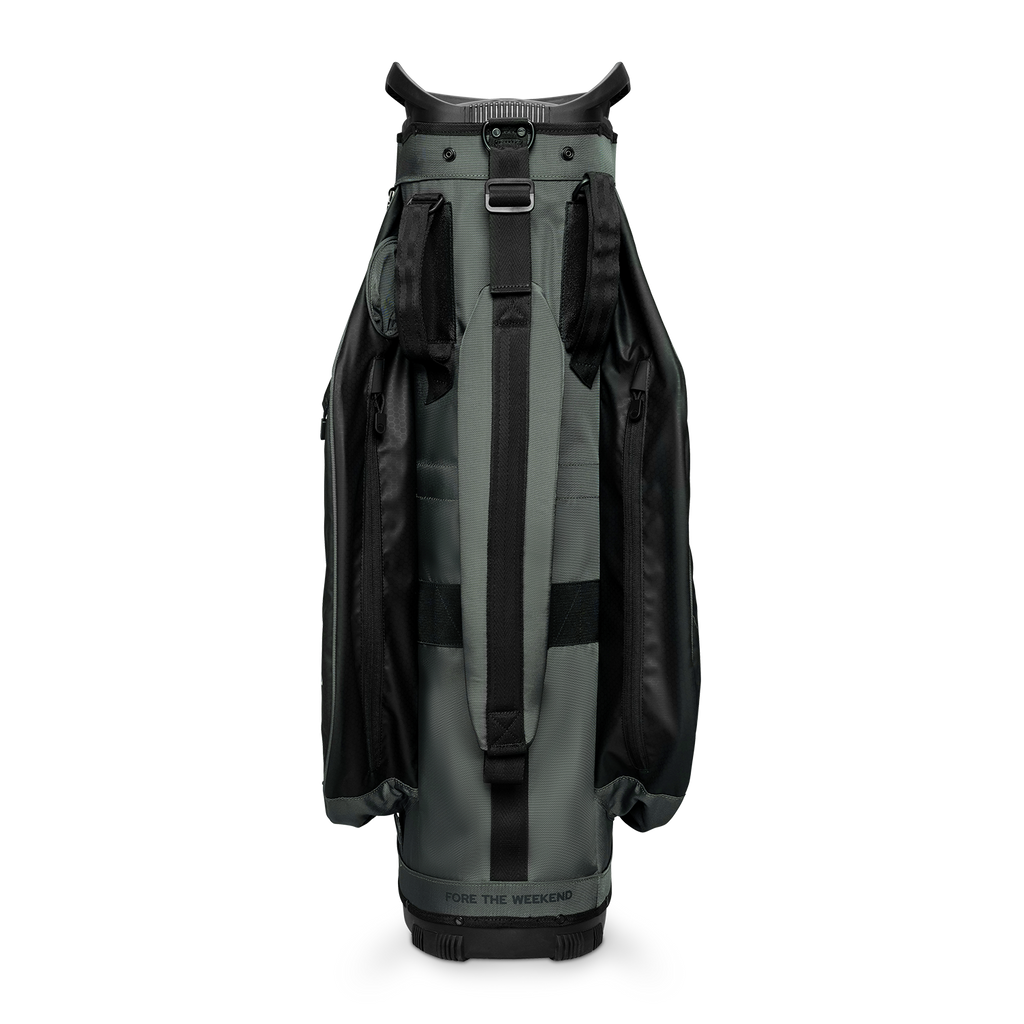 Back shot of Big Rig golf bag in midnight green showing the strap of the bag