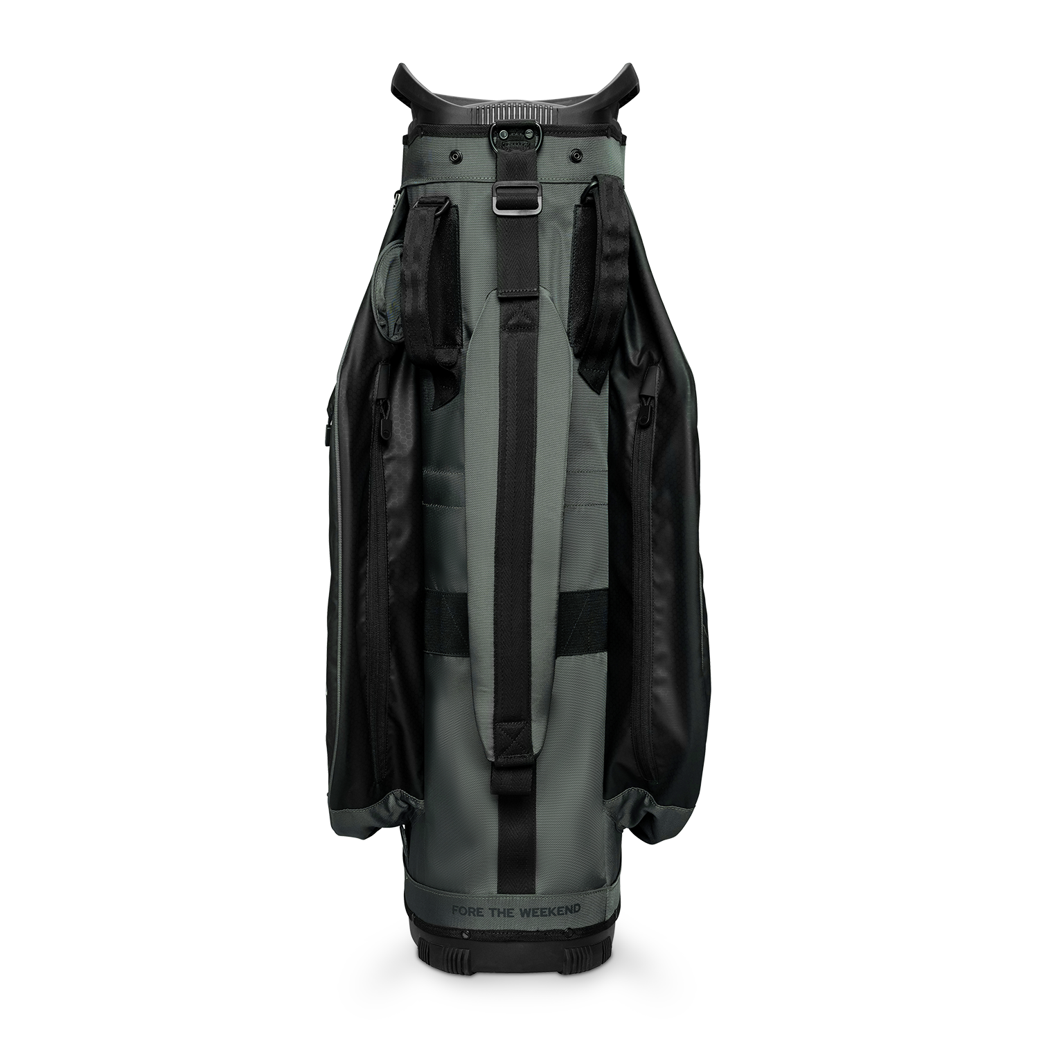 Back shot of Big Rig golf bag in midnight green showing the strap of the bag