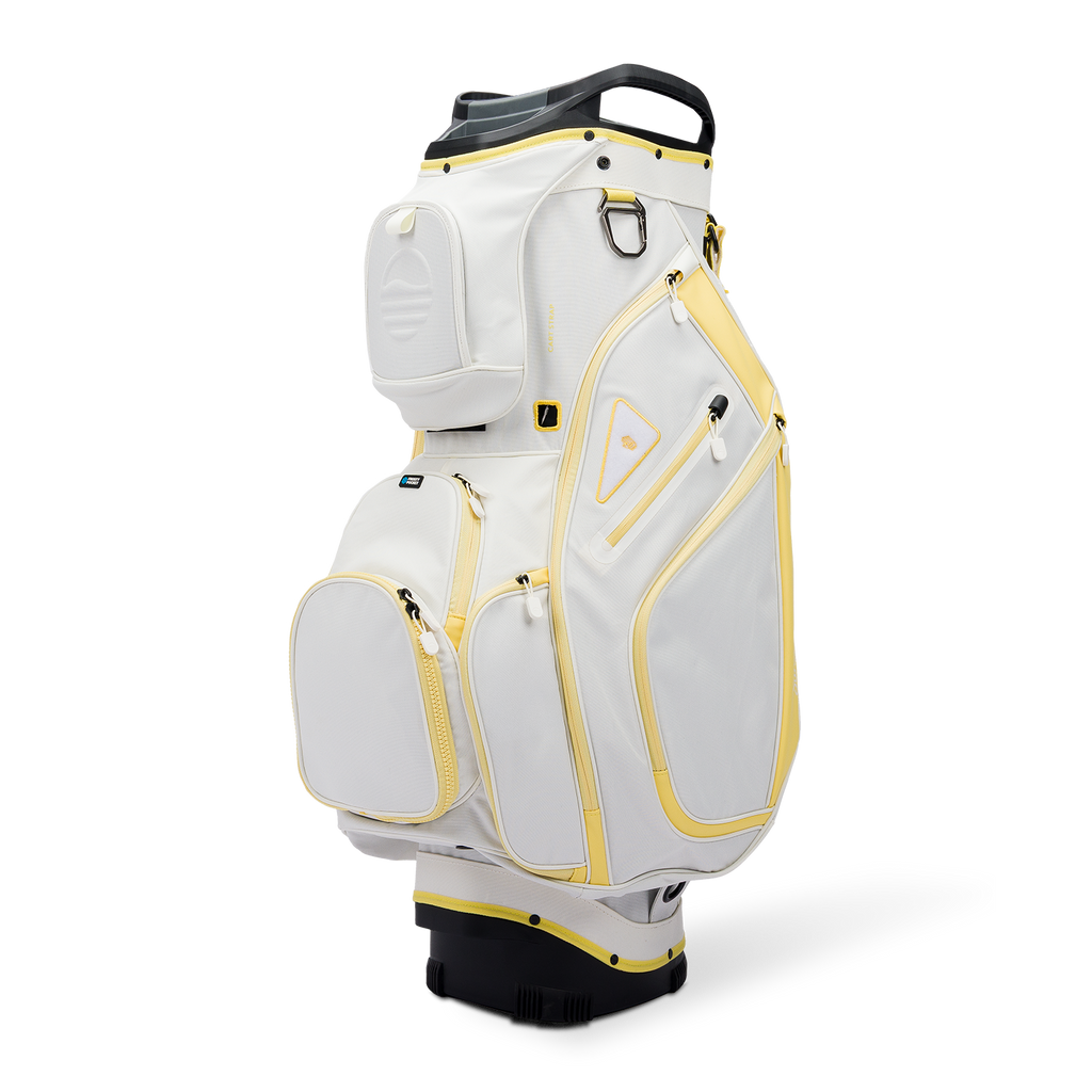 Front shot of Big Rig golf bag in mindy lemon showing the pockets and some of its features