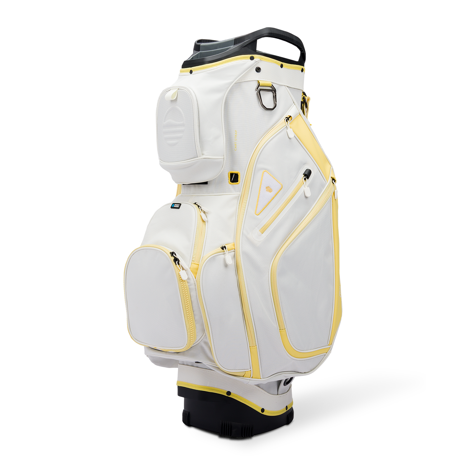 Front shot of Big Rig golf bag in mindy lemon showing the pockets and some of its features