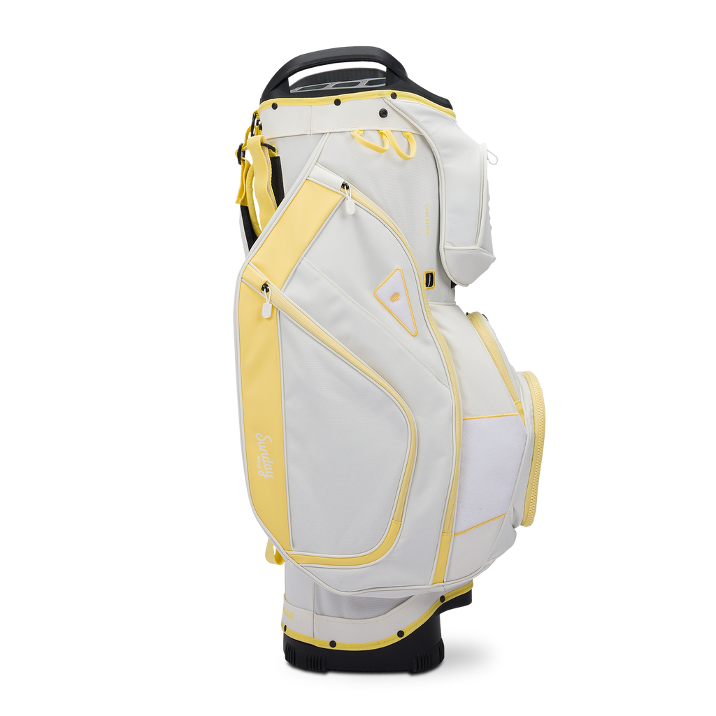 Side shot of Big Rig golf bag in mindy lemon showing the glove holder, easy access pockets and other features of the bag