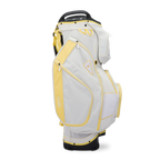 Side shot of Big Rig golf bag in mindy lemon showing the glove holder, easy access pockets and other features of the bag