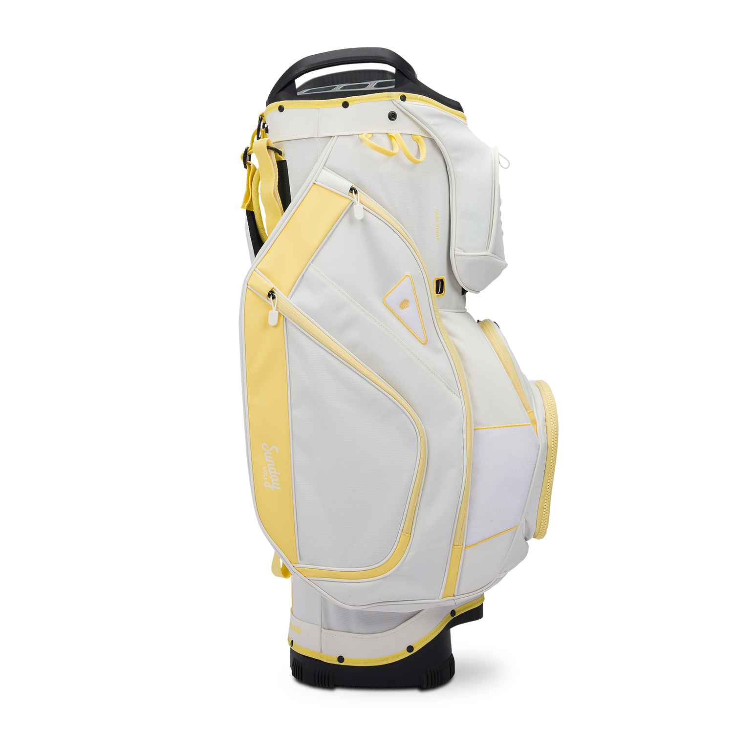 Side shot of Big Rig golf bag in mindy lemon showing the glove holder, easy access pockets and other features of the bag