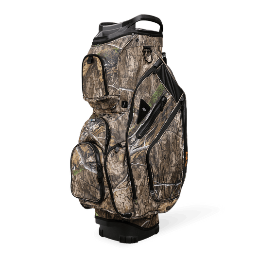 Front shot of Big Rig golf bag in mossy oak country dna showing the pockets and some of its features