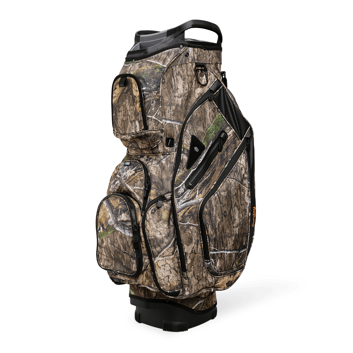 Front shot of Big Rig golf bag in mossy oak country dna showing the pockets and some of its features