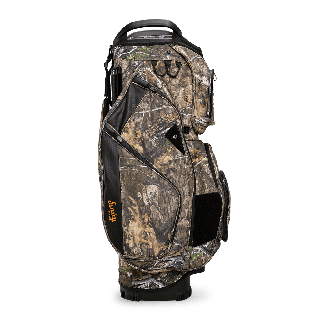 Side shot of Big Rig golf bag in mossy oak country dna showing the glove holder, easy access pockets and other features of the bag