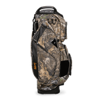Side shot of Big Rig golf bag in mossy oak country dna showing the glove holder, easy access pockets and other features of the bag