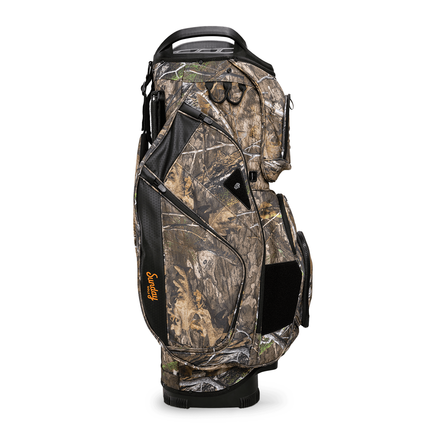 Side shot of Big Rig golf bag in mossy oak country dna showing the glove holder, easy access pockets and other features of the bag
