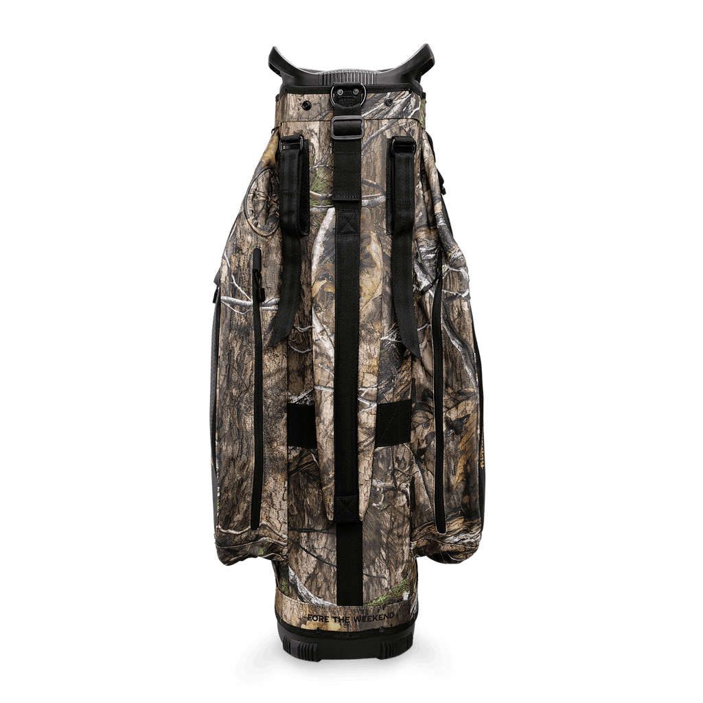 Back shot of Big Rig golf bag in mossy oak country dna showing the strap of the bag