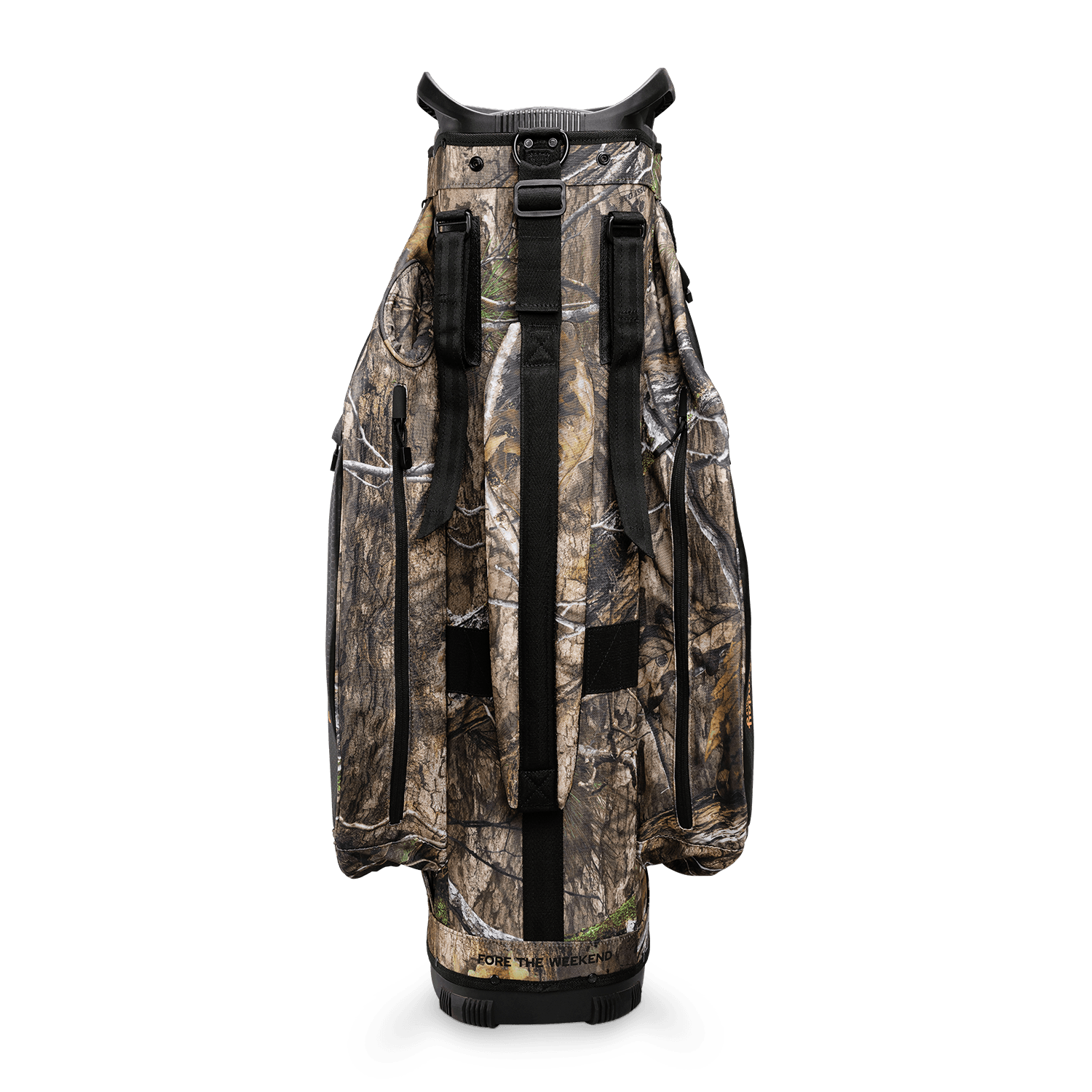 Back shot of Big Rig golf bag in mossy oak country dna showing the strap of the bag