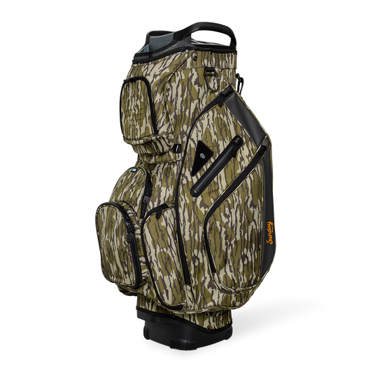 Front shot of Big Rig golf bag in mossy oak bottomland showing the pockets and some of its features