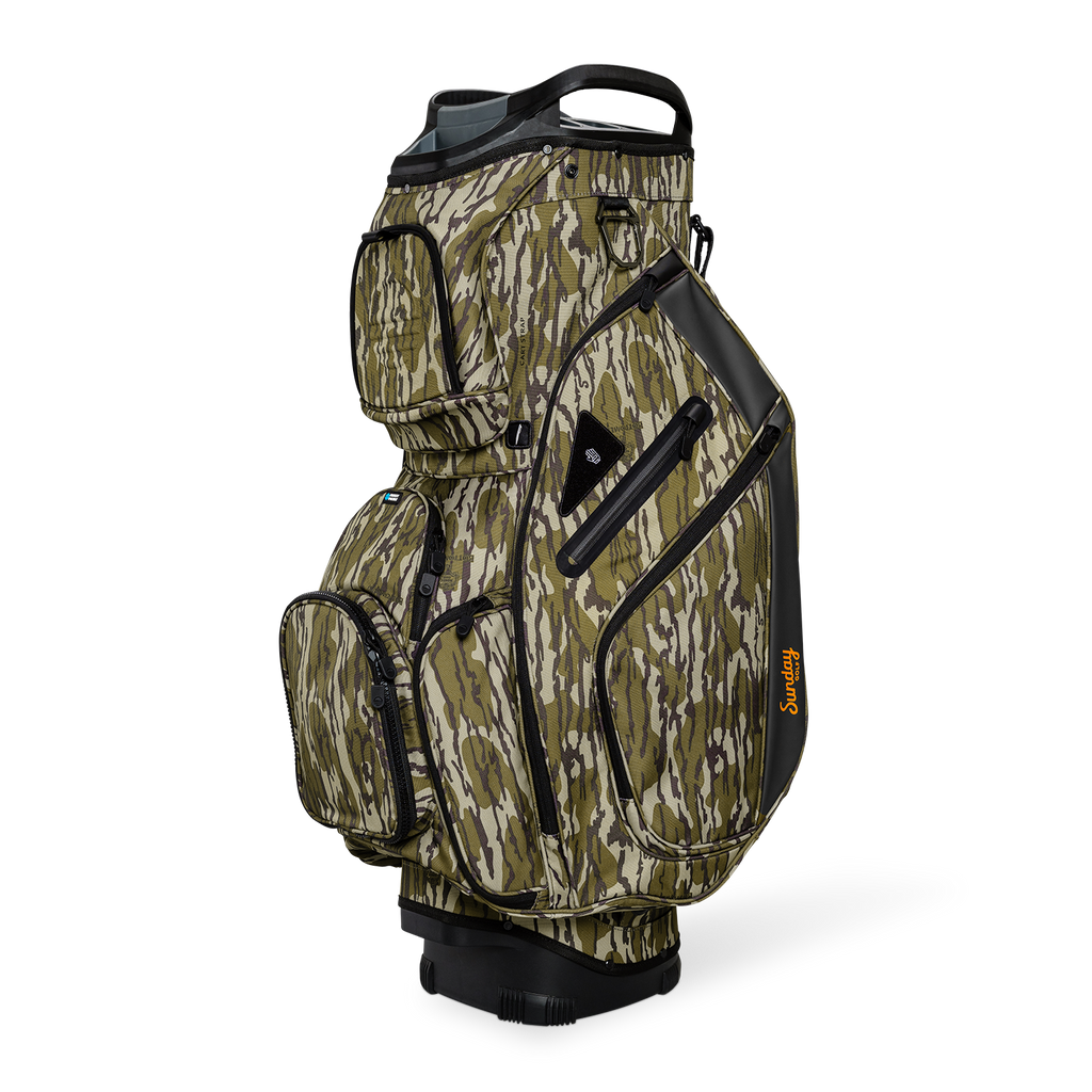 Front shot of Big Rig golf bag in mossy oak bottomland showing the pockets and some of its features