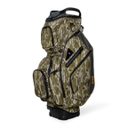 Front shot of Big Rig golf bag in mossy oak bottomland showing the pockets and some of its features