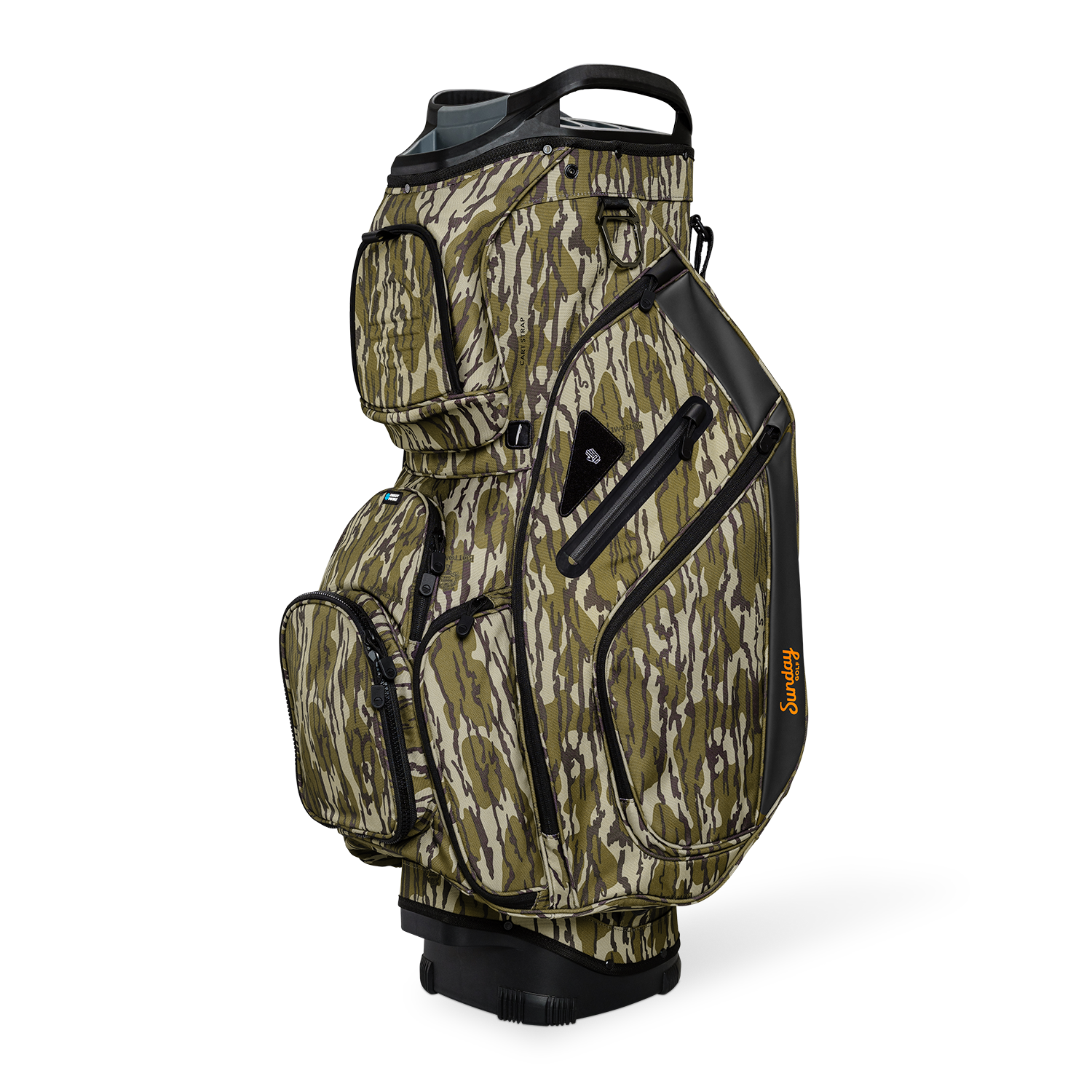 Front shot of Big Rig golf bag in mossy oak bottomland showing the pockets and some of its features