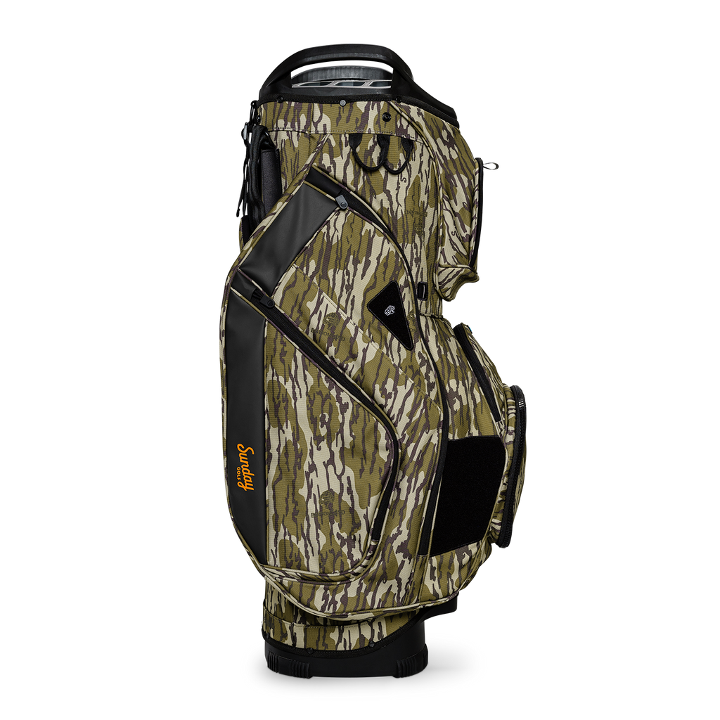 Side shot of Big Rig golf bag in mossy oak bottomland showing the glove holder, easy access pockets and other features of the bag