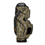Side shot of Big Rig golf bag in mossy oak bottomland showing the glove holder, easy access pockets and other features of the bag