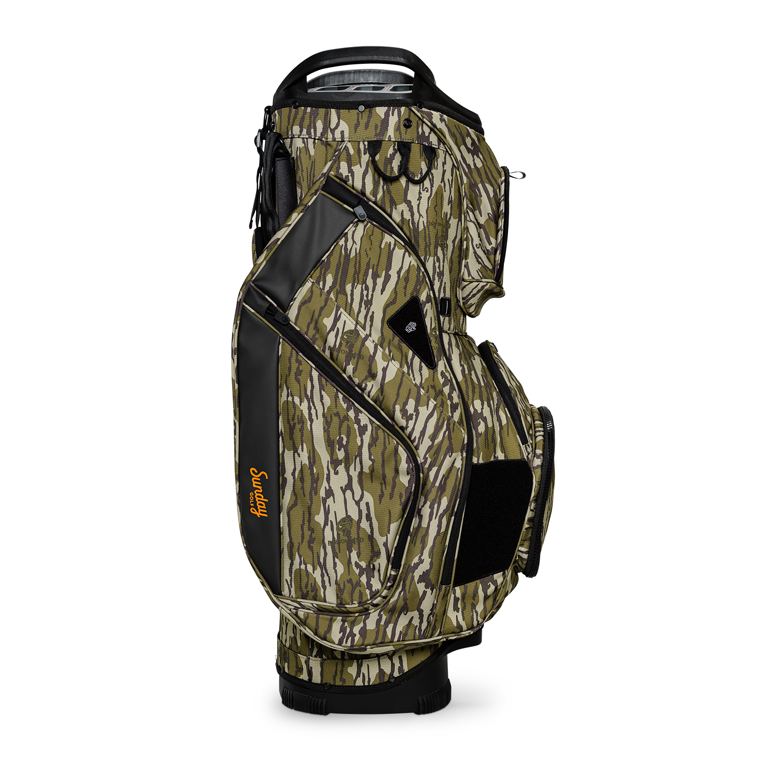 Side shot of Big Rig golf bag in mossy oak bottomland showing the glove holder, easy access pockets and other features of the bag