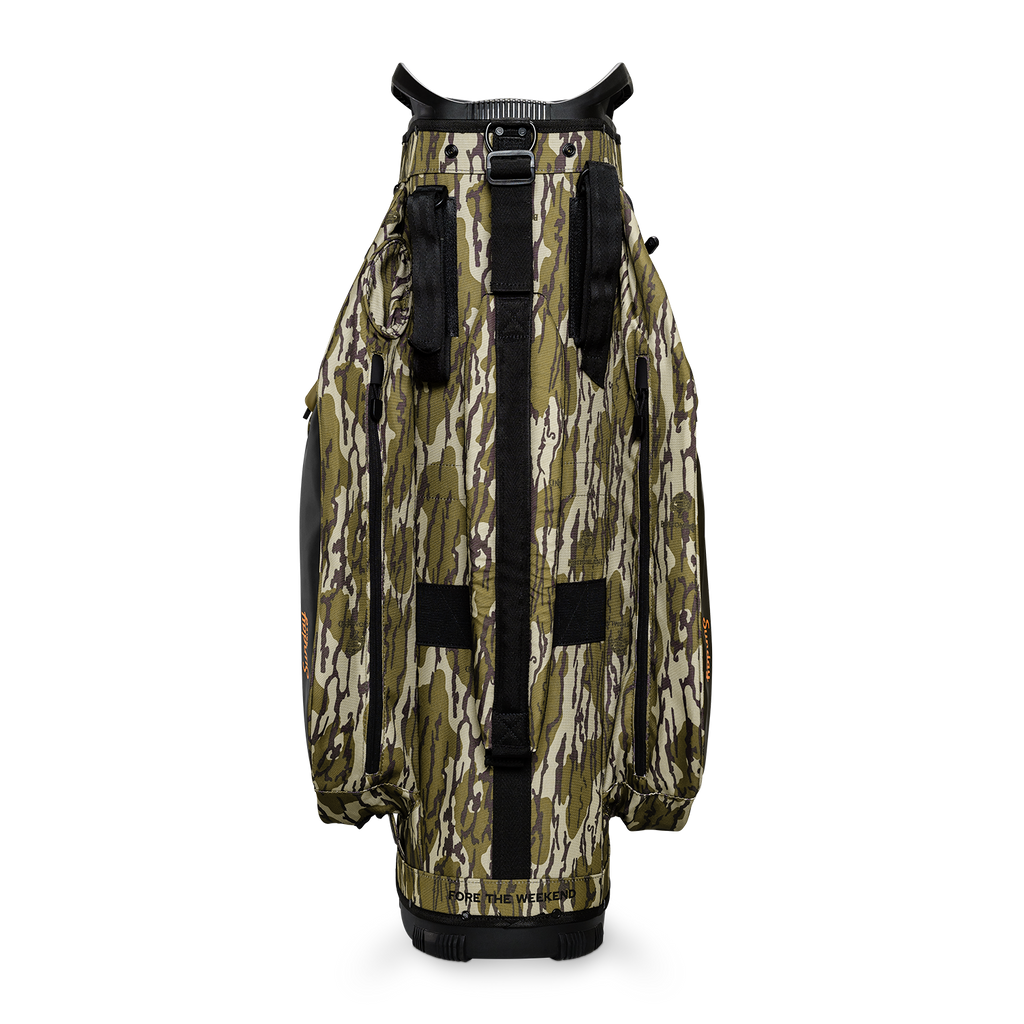Back shot of Big Rig golf bag in mossy oak bottomland showing the strap of the bag