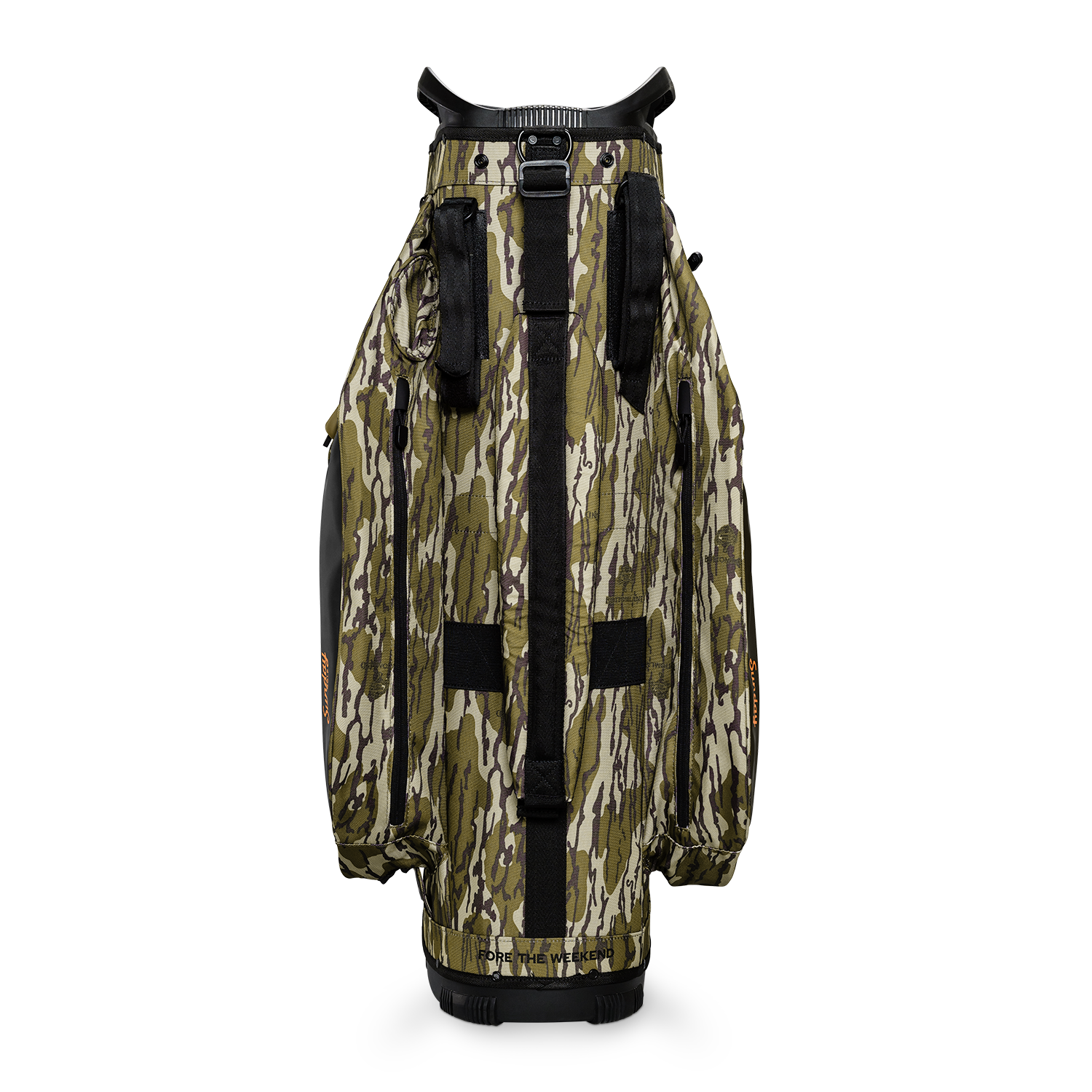 Back shot of Big Rig golf bag in mossy oak bottomland showing the strap of the bag