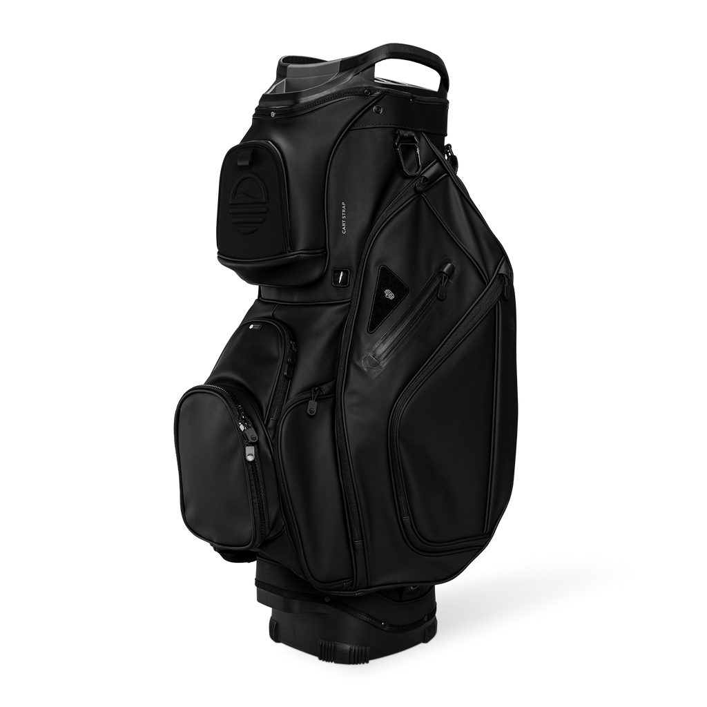 Front shot of Big Rig S-Class golf bag in black vegan leather showing its pockets and other features