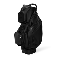 Front shot of Big Rig S-Class golf bag in black vegan leather showing its pockets and other features