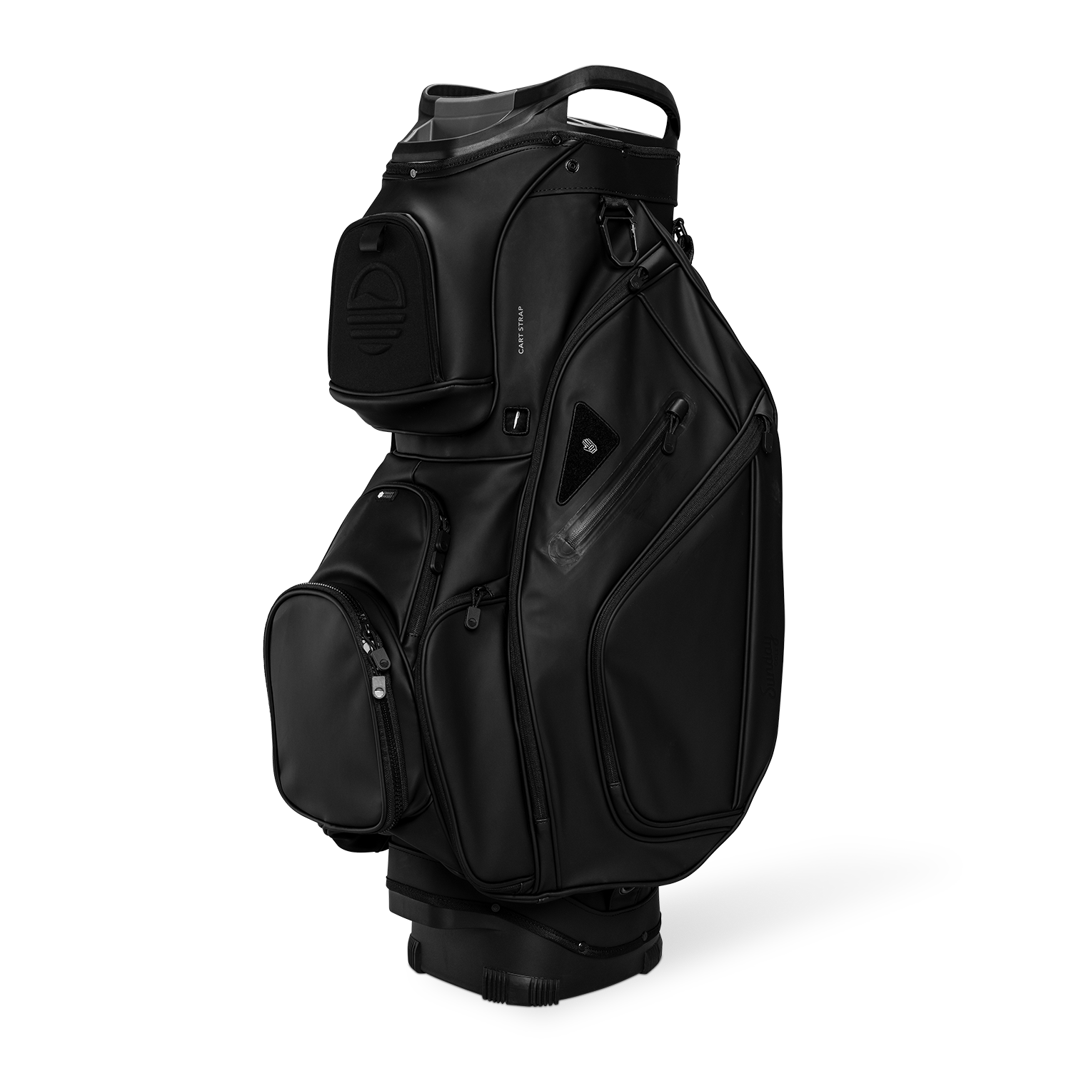 Front shot of Big Rig S-Class golf bag in black vegan leather showing its pockets and other features