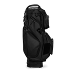 Side shot of Big Rig S-Class golf bag in black vegan leather showing the glove holder, easy access pockets and other features of the bag