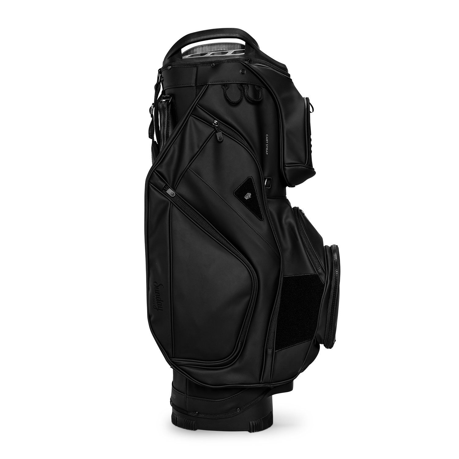 Side shot of Big Rig S-Class golf bag in black vegan leather showing the glove holder, easy access pockets and other features of the bag
