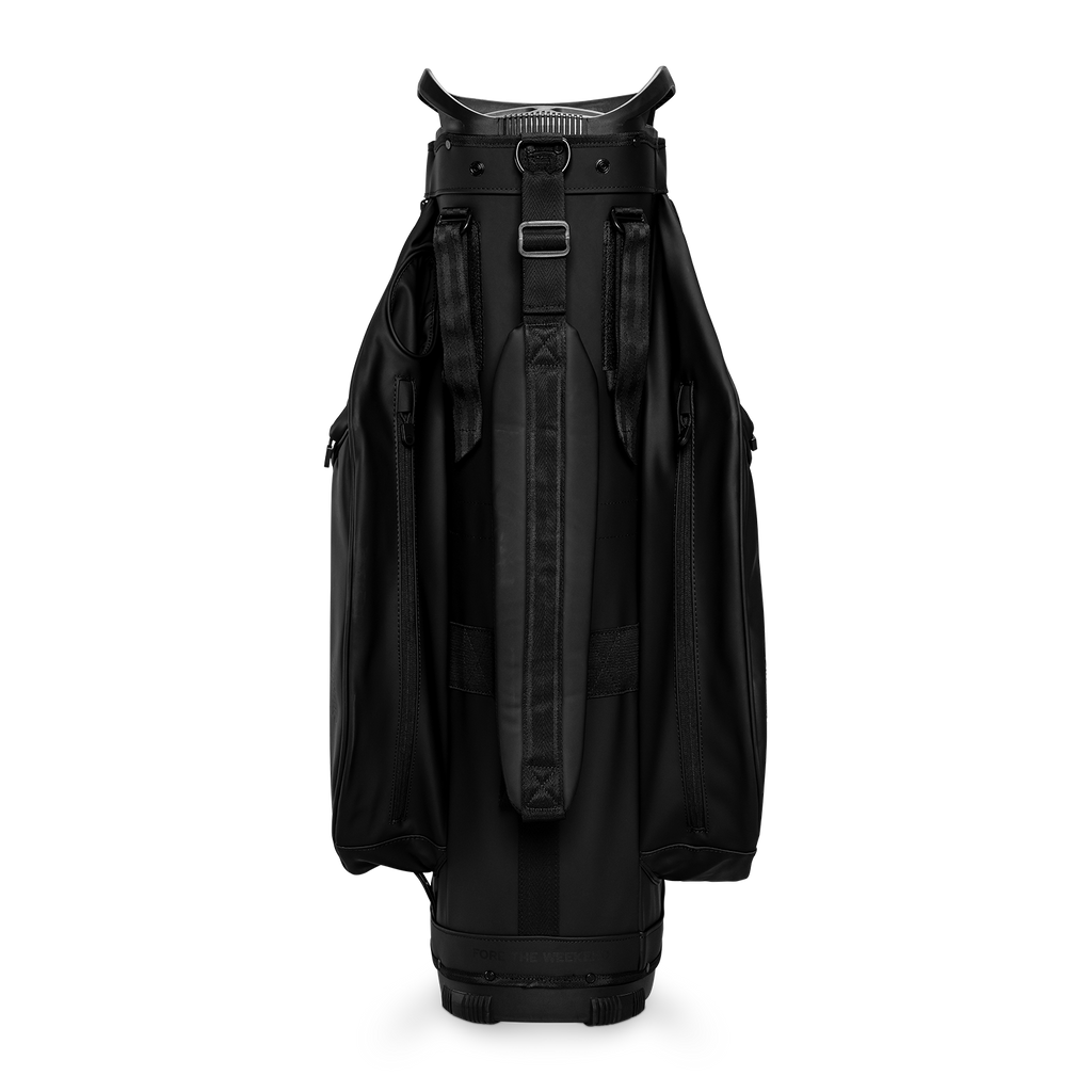 Back shot of Big Rig S-Class golf bag in black vegan leather showing the strap of the bag