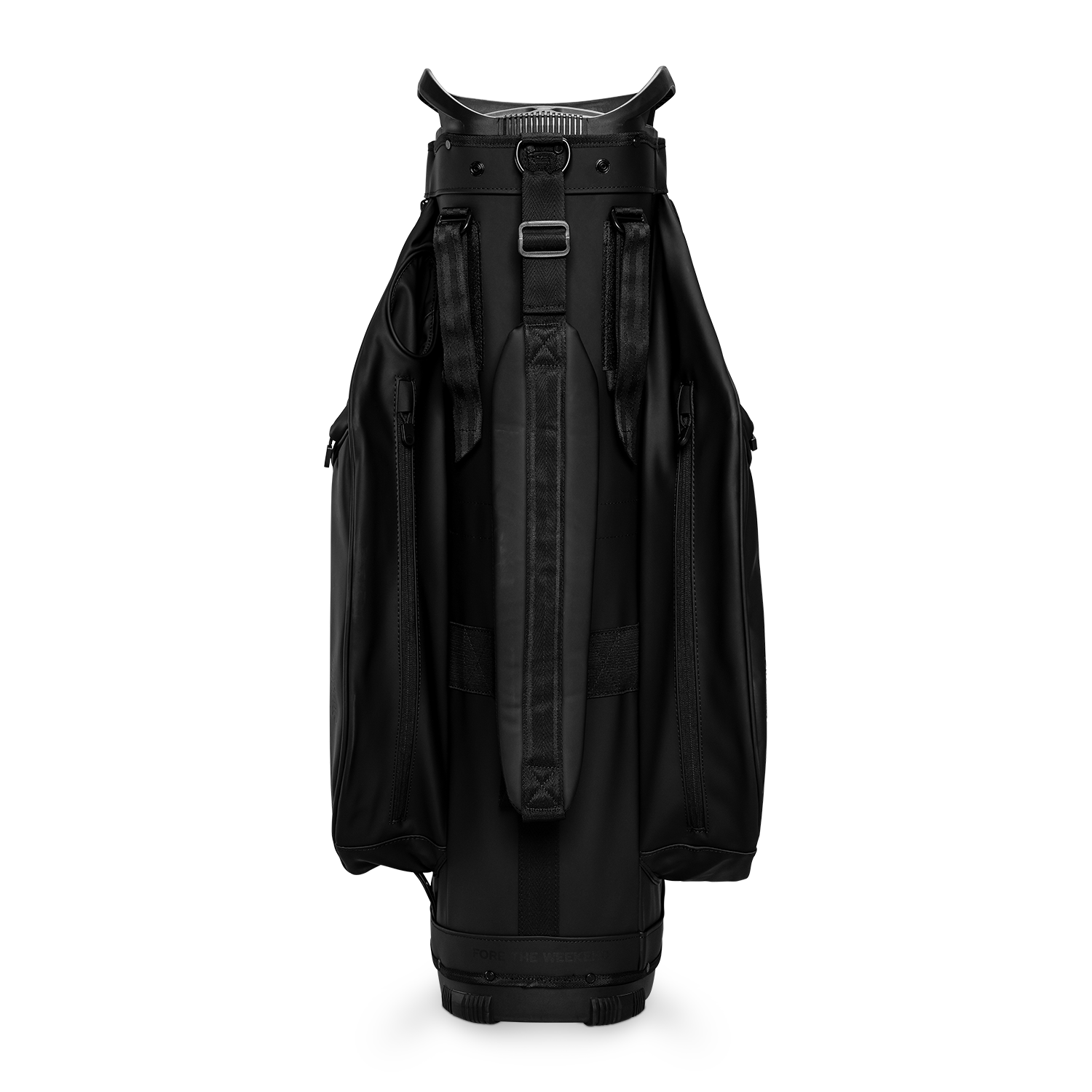 Back shot of Big Rig S-Class golf bag in black vegan leather showing the strap of the bag