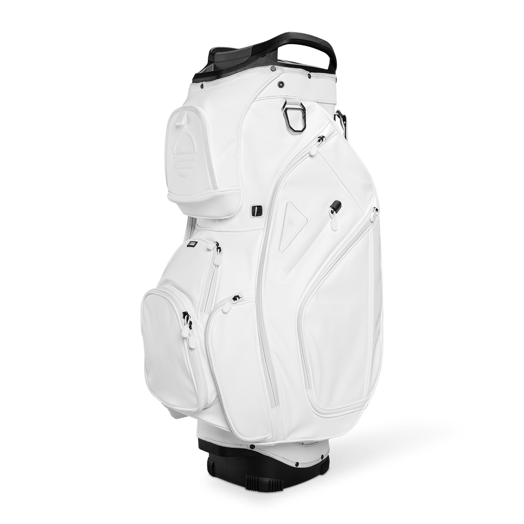 Front shot of Big Rig S-Class golf bag in white vegan leather showing the pockets and some of its features