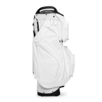 Side shot of Big Rig S-Class golf bag in white vegan leather showing the glove holder, easy access pockets and other features of the bag