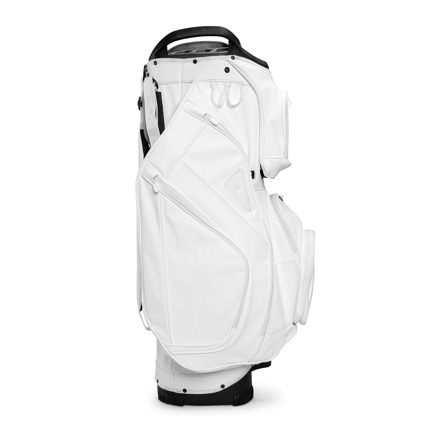 Side shot of Big Rig S-Class golf bag in white vegan leather showing the glove holder, easy access pockets and other features of the bag