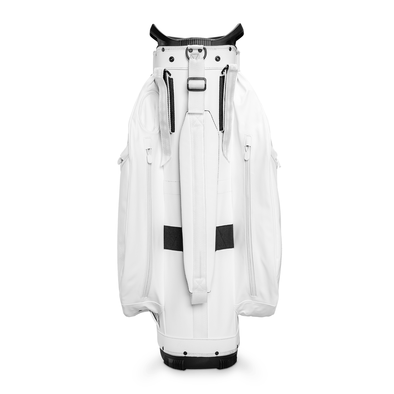 Back shot of Big Rig S-Class golf bag in white vegan leather showing the strap of the bag