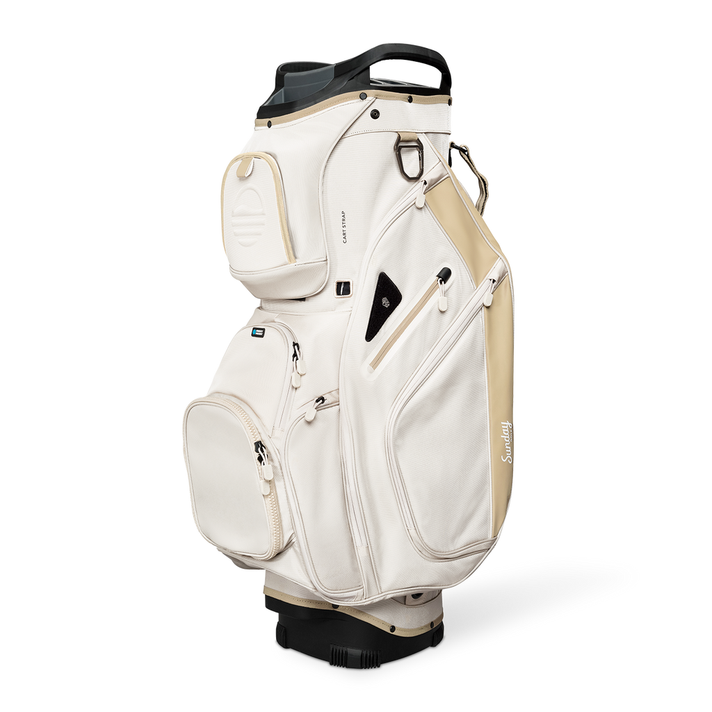 Front shot of Big Rig golf bag in toasted almond showing the pockets and some of its features