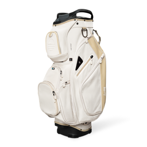 Front shot of Big Rig golf bag in toasted almond showing the pockets and some of its features