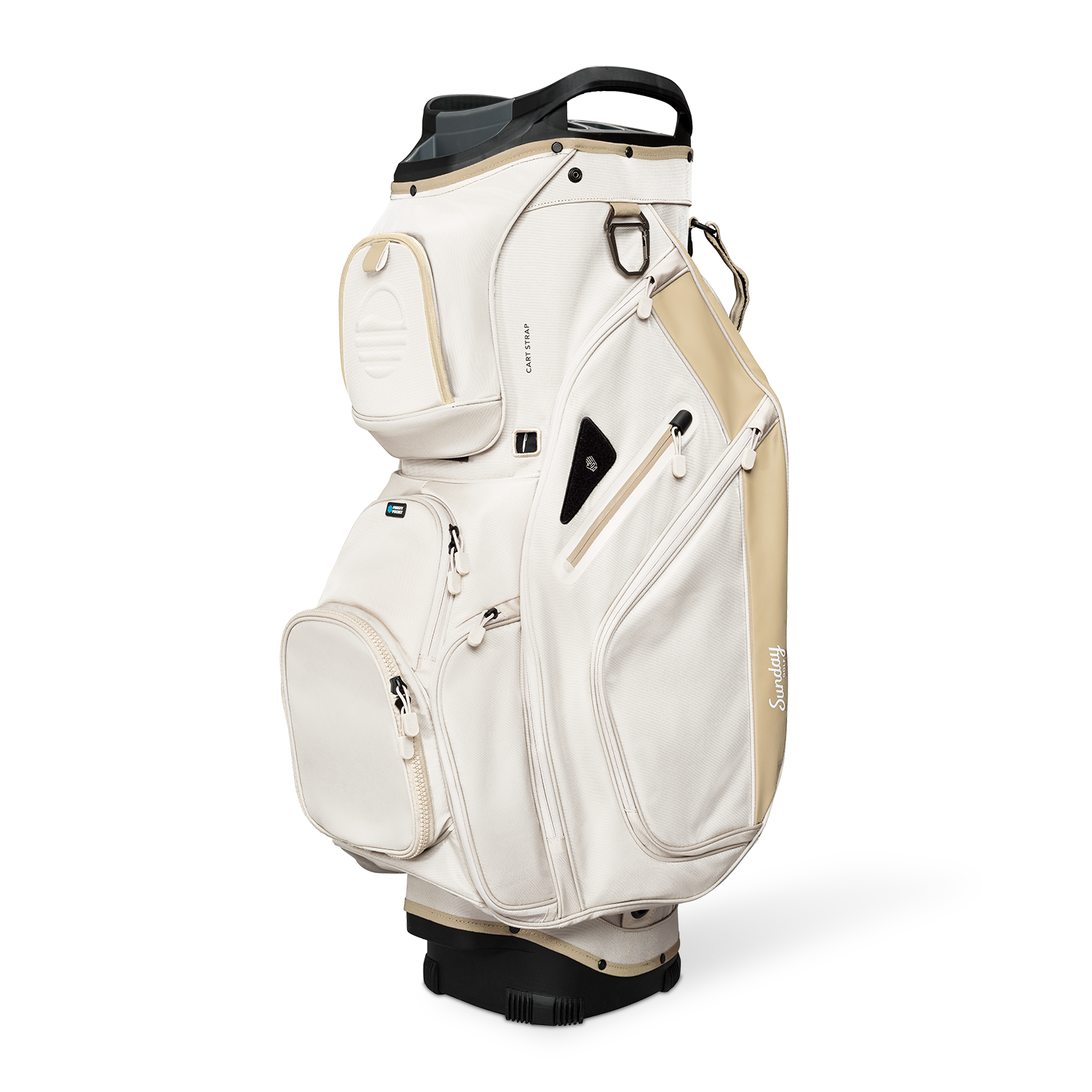 Front shot of Big Rig golf bag in toasted almond showing the pockets and some of its features