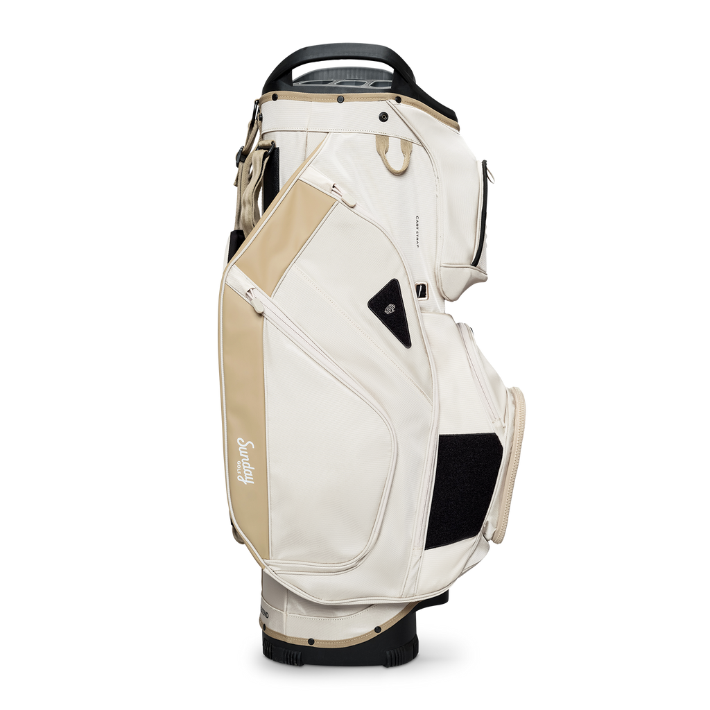 Side shot of Big Rig golf bag in toasted almond showing the glove holder, easy access pockets and other features of the bag