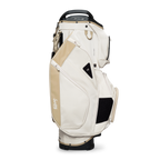Side shot of Big Rig golf bag in toasted almond showing the glove holder, easy access pockets and other features of the bag