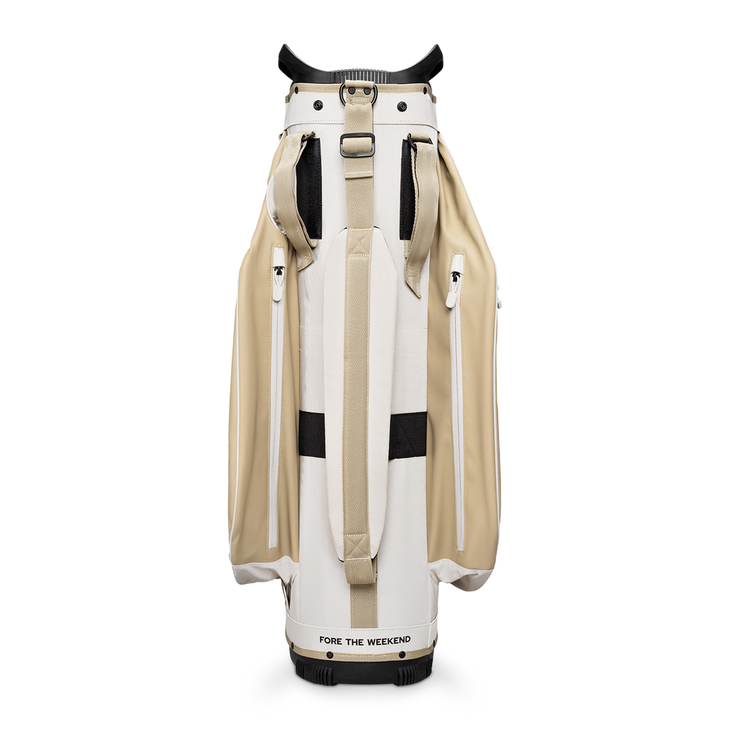 Back shot of Big Rig golf bag in toasted almond showing the strap of the band