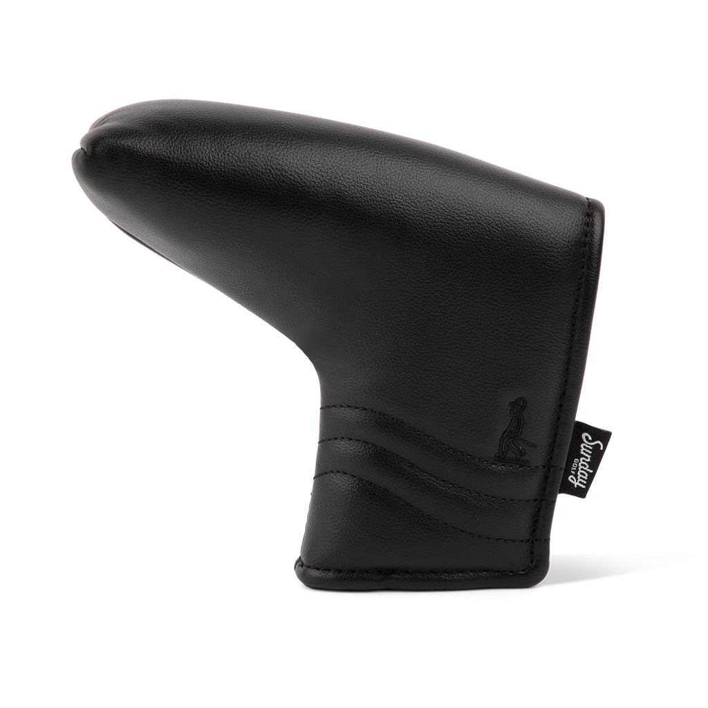 Front shot of blade putter golf headcover in black vegan leather