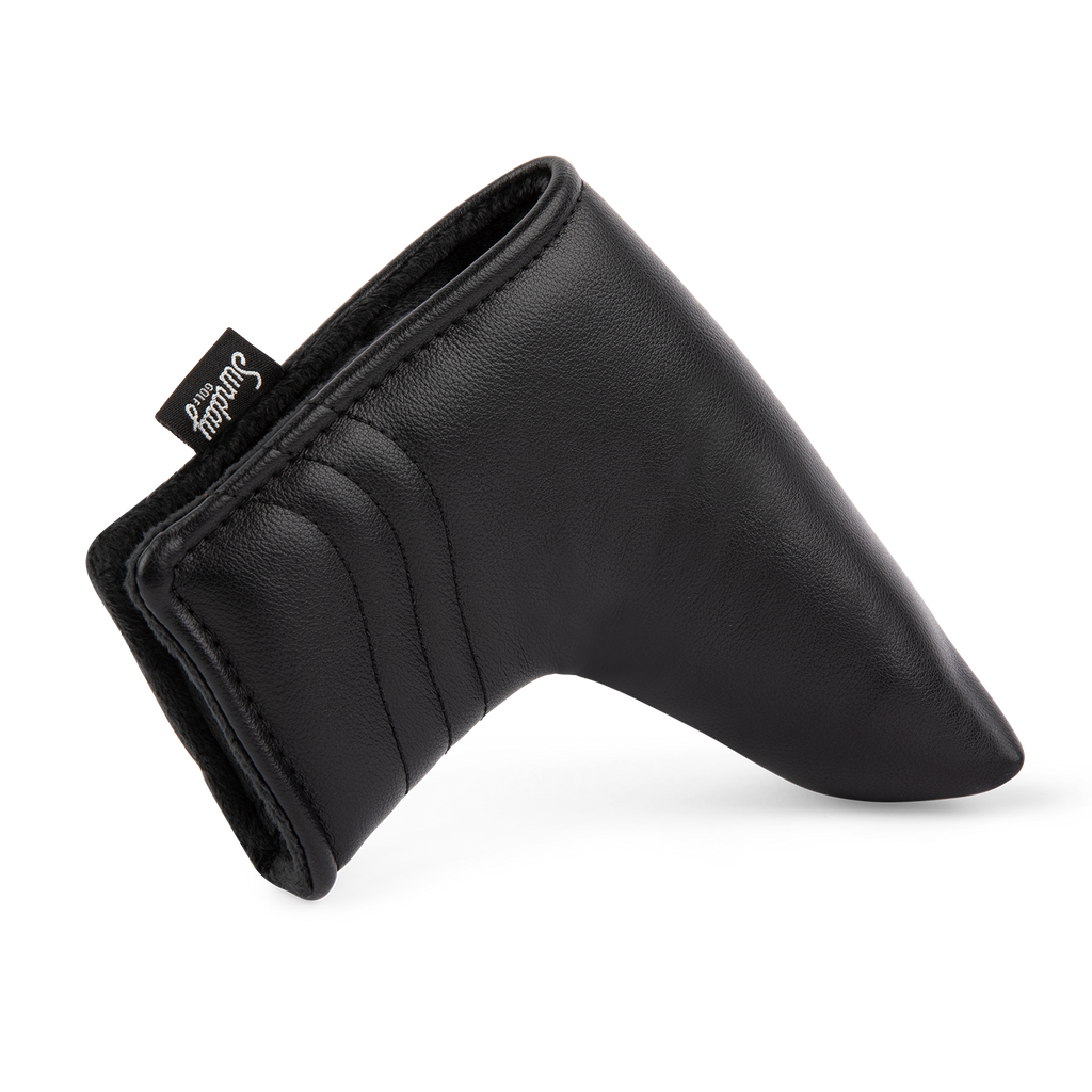 Side shot of blade putter golf headcover in black vegan leather