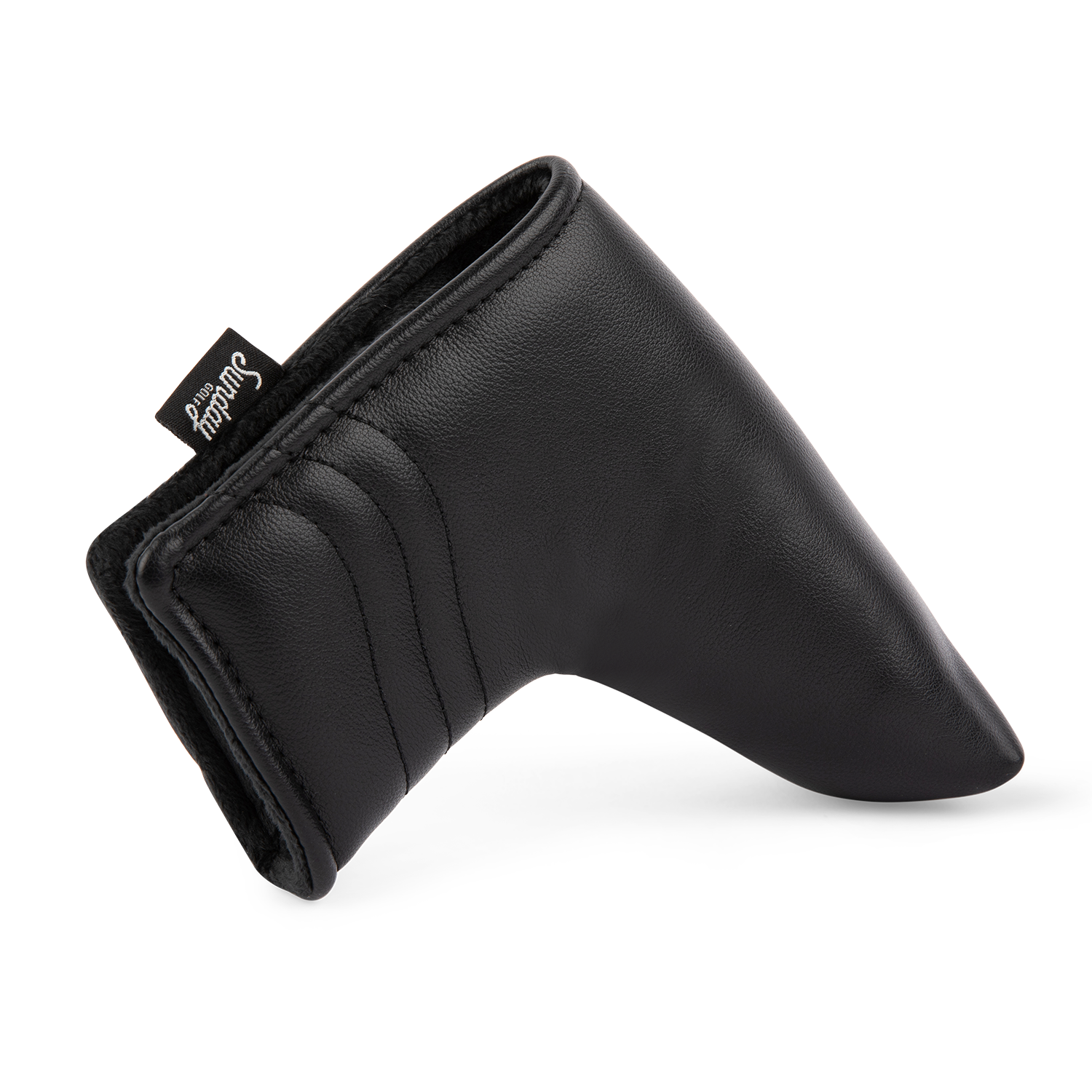 Side shot of blade putter golf headcover in black vegan leather