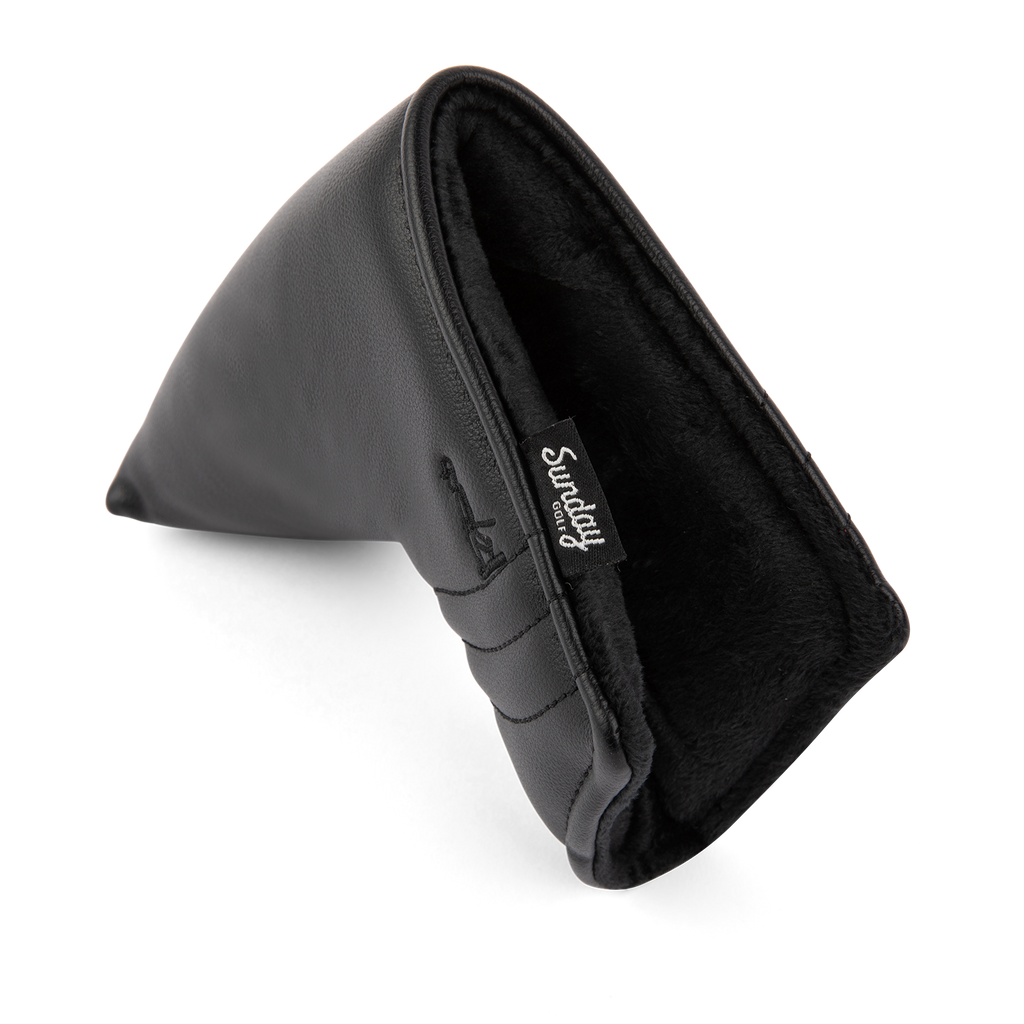 Inward shot of blade putter golf headcover in black vegan leather
