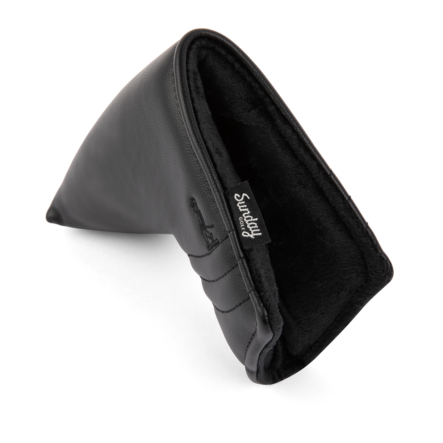 Inward shot of blade putter golf headcover in black vegan leather