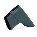 Side shot of blade putter golf headcover in midnight green vegan leather
