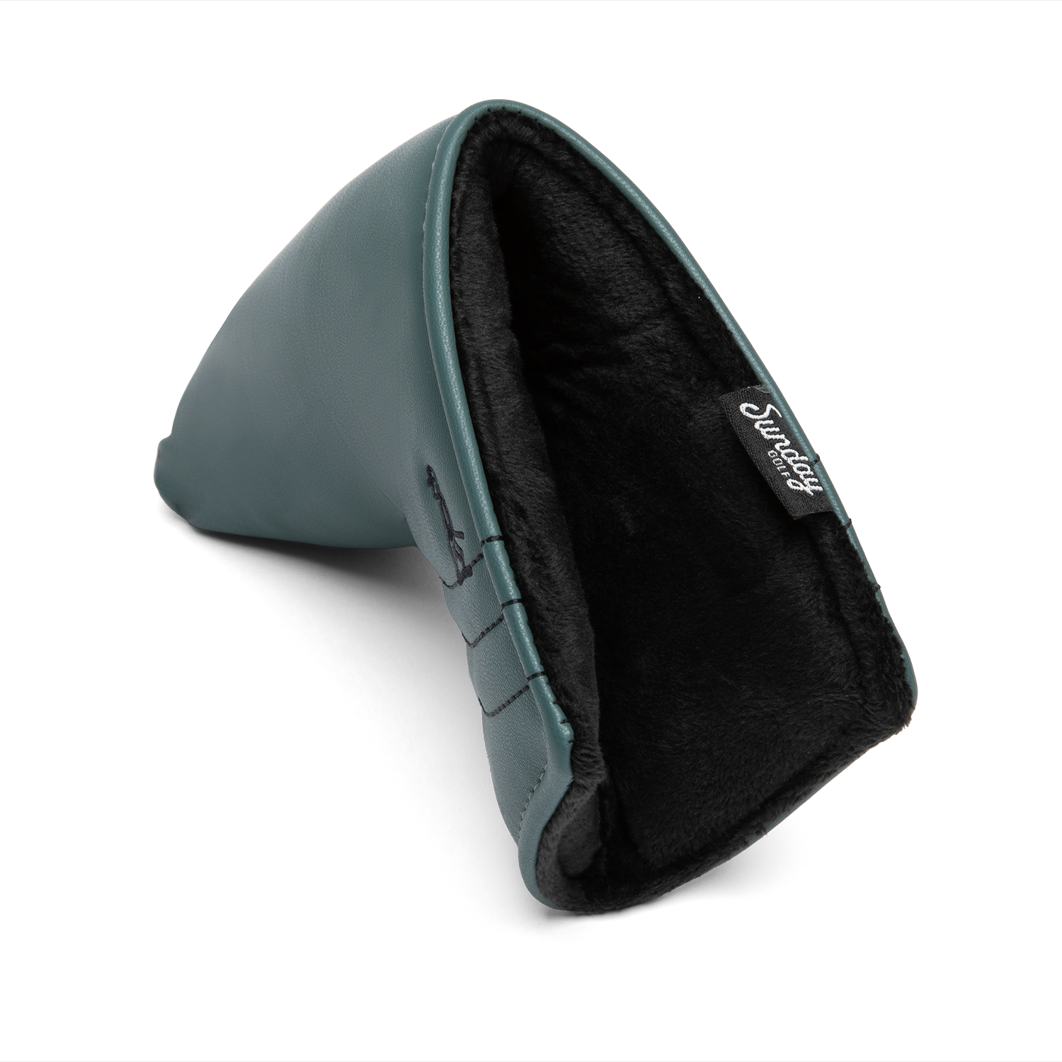 Inward shot of blade putter golf headcover in midnight green vegan leather